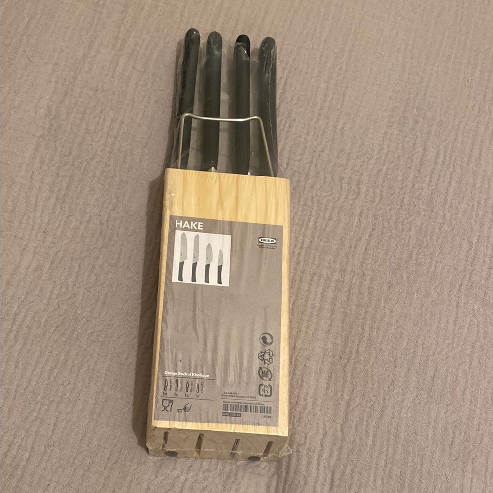 Ikea Hake 4pc Stainless Steel Knife Set + Wooden Holding Block New